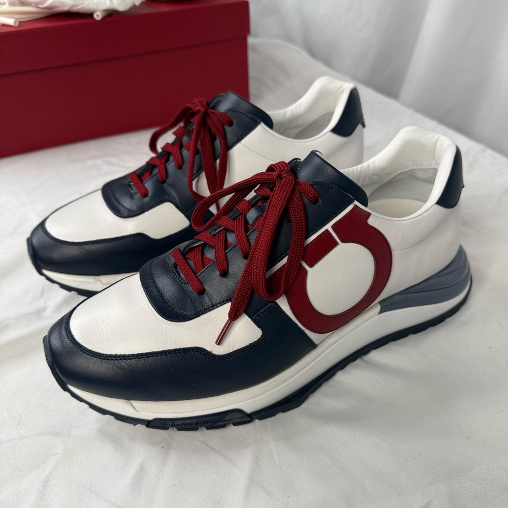 Salvatore Ferragamo Brooklyn White and Navy Sneakers with Red Accents